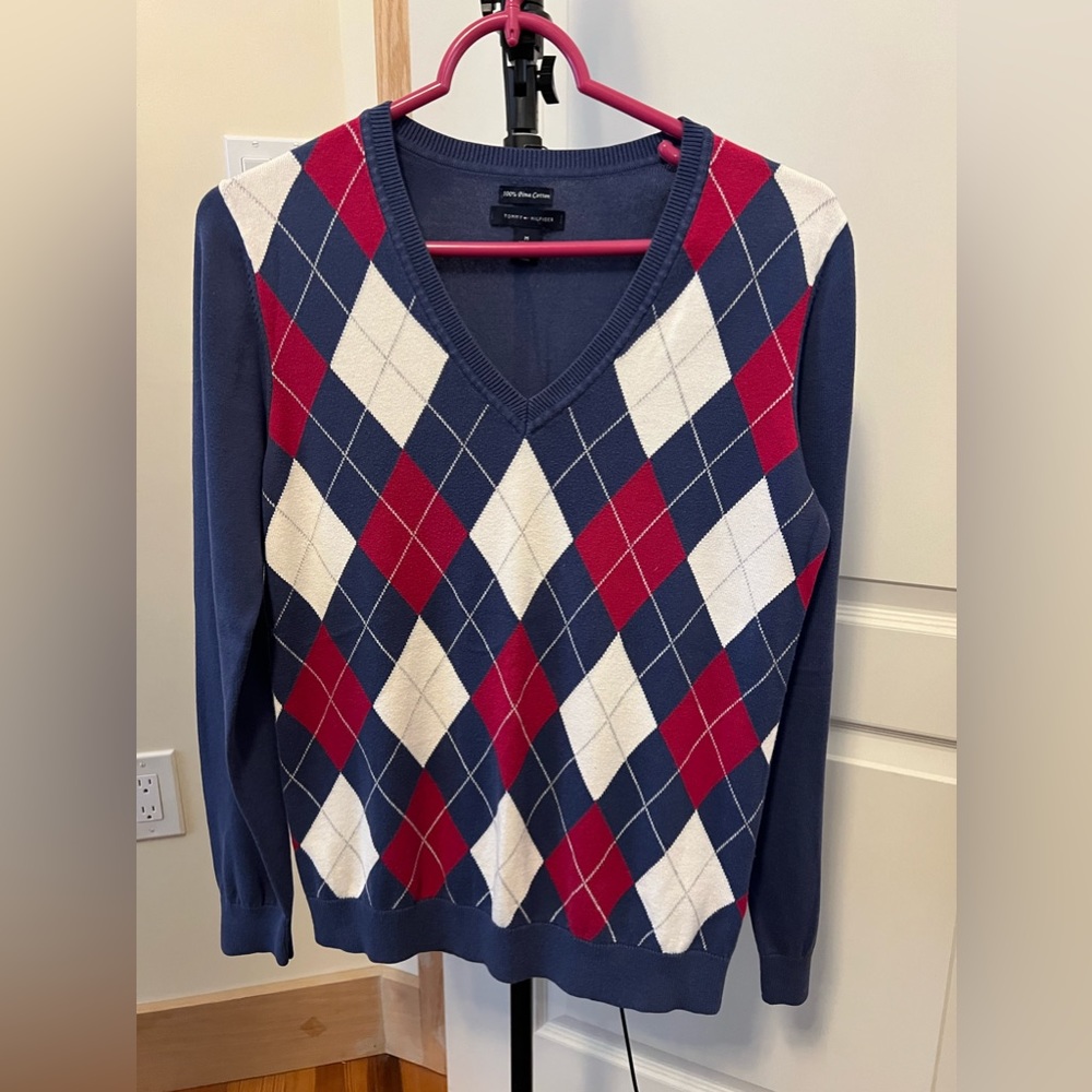 Tommy Hilfiger Womans Argyle Sweater Med pewter magenta White V-Neck Pima Cotton